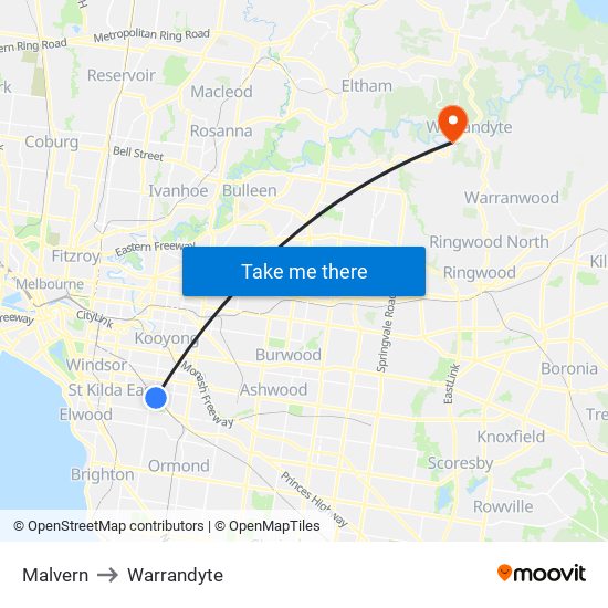 Malvern to Warrandyte map