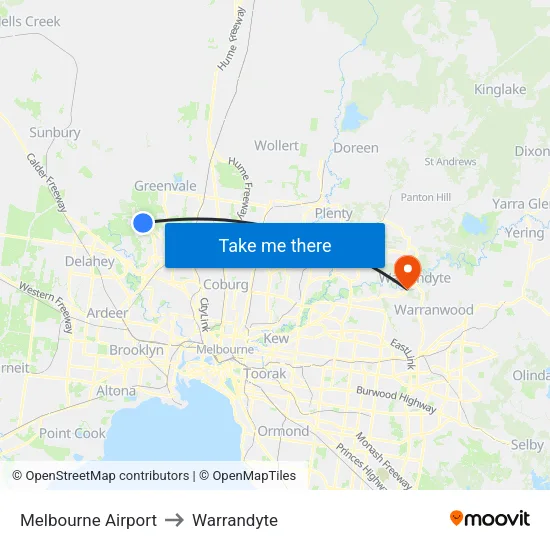 Melbourne Airport to Warrandyte map