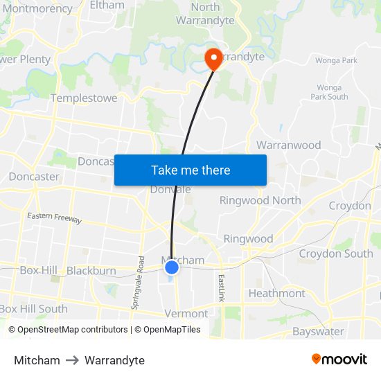 Mitcham to Warrandyte map