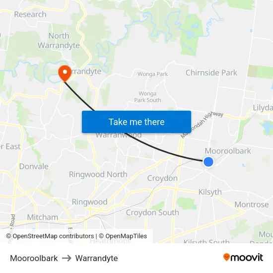 Mooroolbark to Warrandyte map