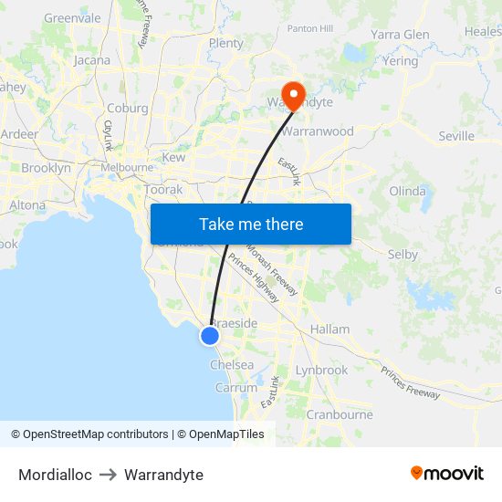 Mordialloc to Warrandyte map