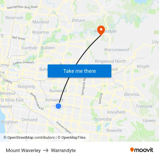 Mount Waverley to Warrandyte map