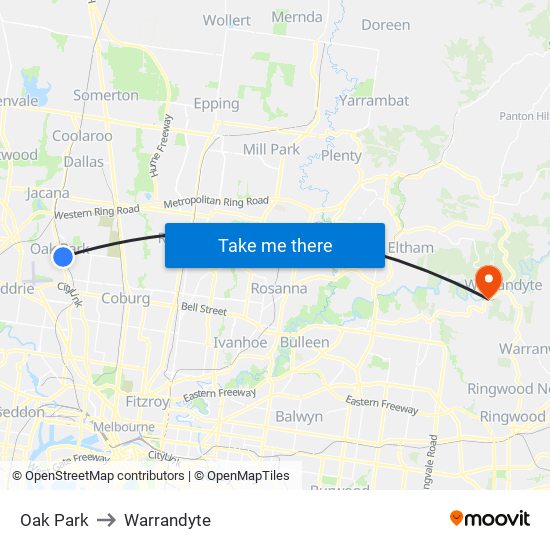 Oak Park to Warrandyte map