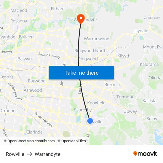 Rowville to Warrandyte map