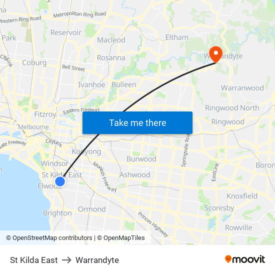 St Kilda East to Warrandyte map