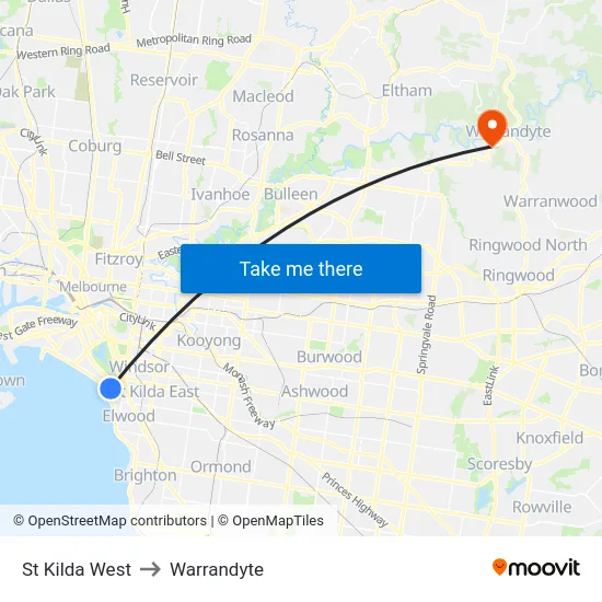 St Kilda West to Warrandyte map