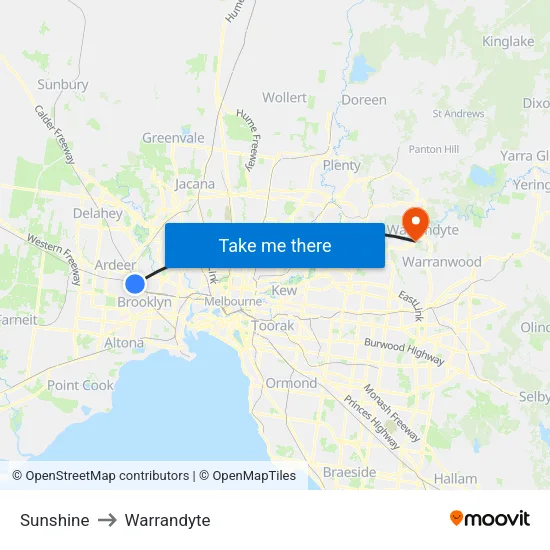 Sunshine to Warrandyte map