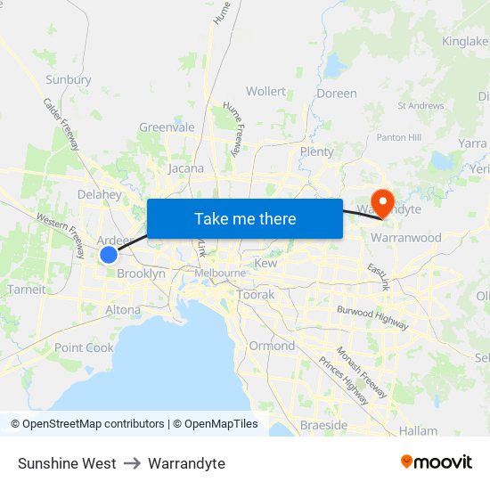 Sunshine West to Warrandyte map