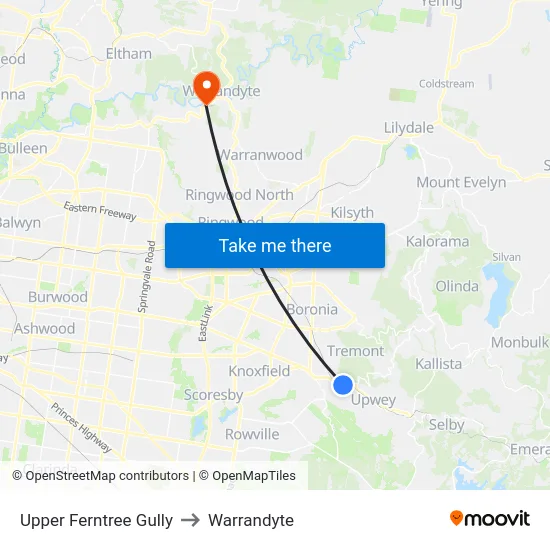 Upper Ferntree Gully to Warrandyte map