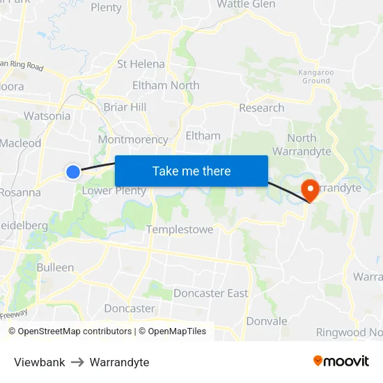 Viewbank to Warrandyte map