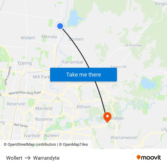 Wollert to Warrandyte map