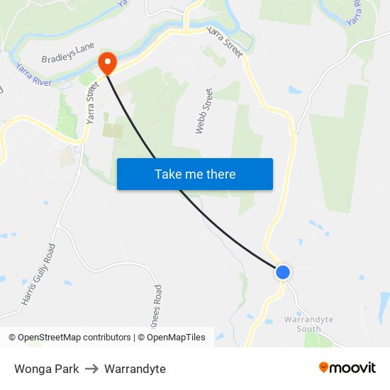 Wonga Park to Warrandyte map