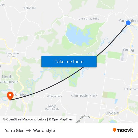 Yarra Glen to Warrandyte map