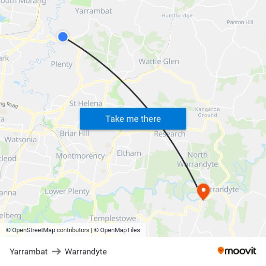 Yarrambat to Warrandyte map