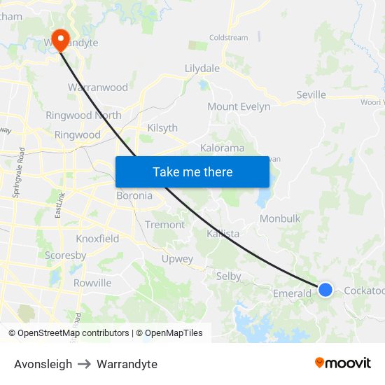 Avonsleigh to Warrandyte map