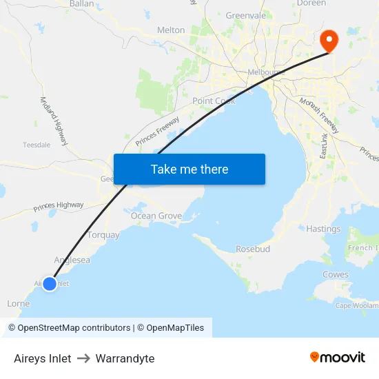 Aireys Inlet to Warrandyte map