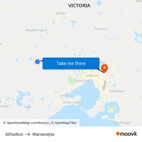 Alfredton to Warrandyte map