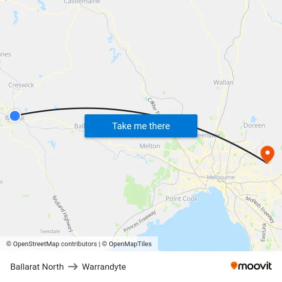 Ballarat North to Warrandyte map