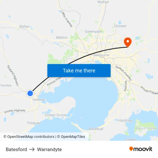 Batesford to Warrandyte map
