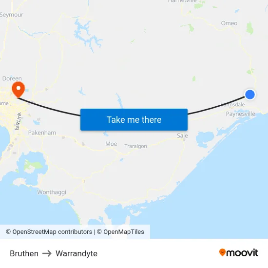 Bruthen to Warrandyte map