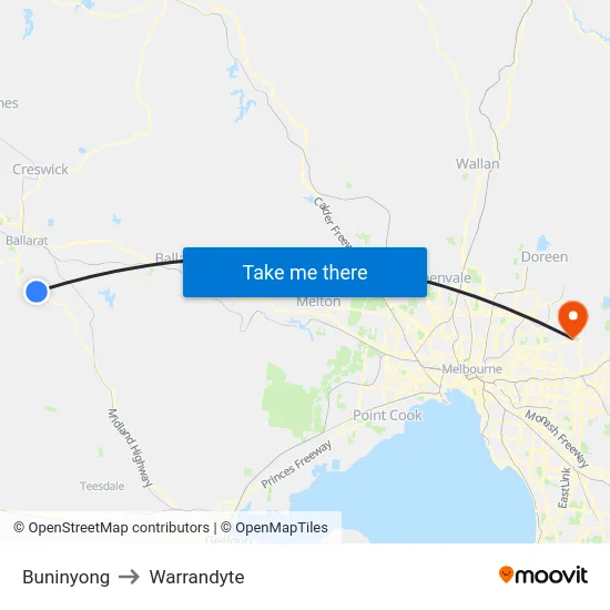 Buninyong to Warrandyte map