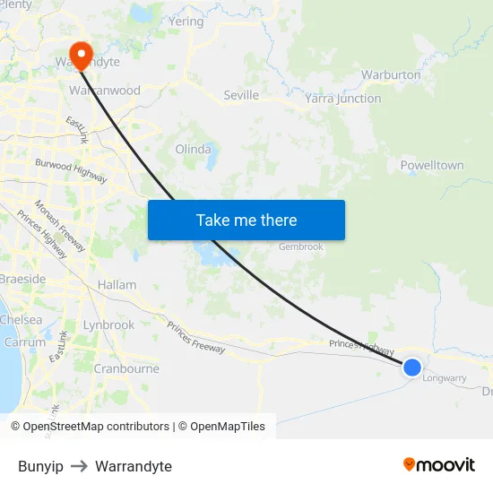 Bunyip to Warrandyte map