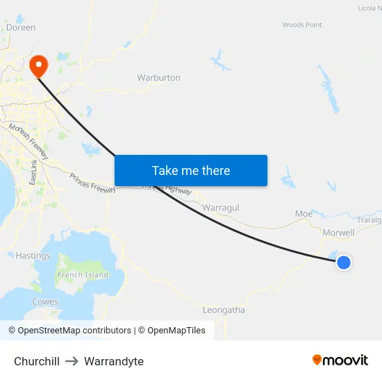 Churchill to Warrandyte map