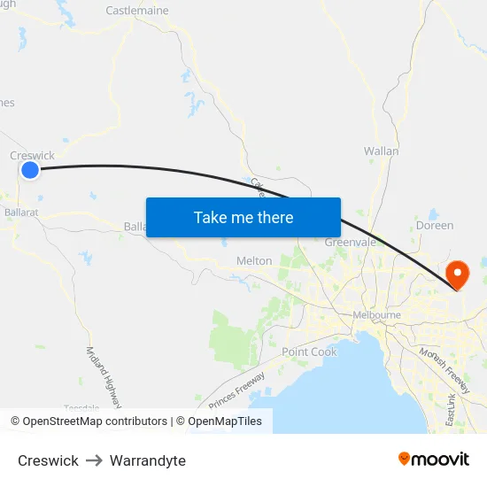 Creswick to Warrandyte map