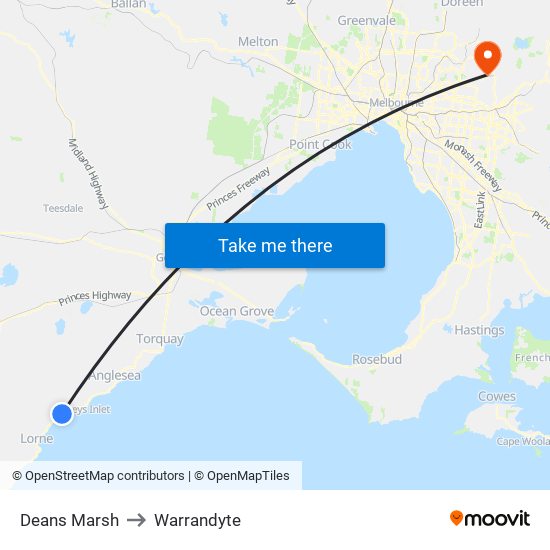 Deans Marsh to Warrandyte map