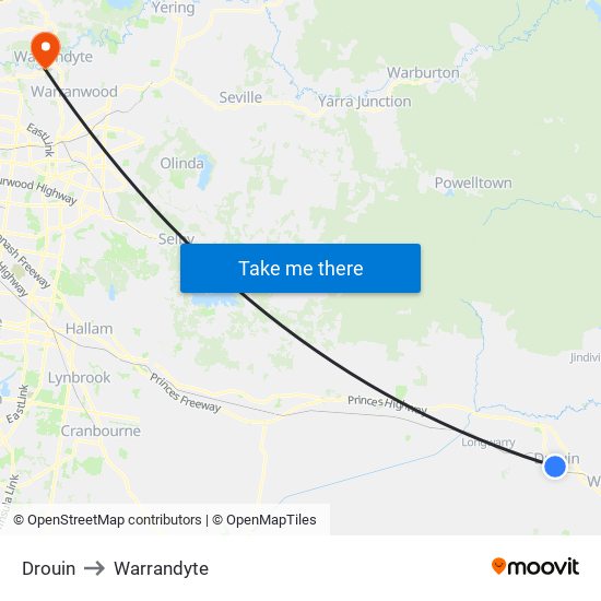 Drouin to Warrandyte map