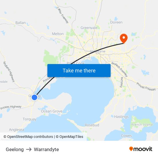 Geelong to Warrandyte map