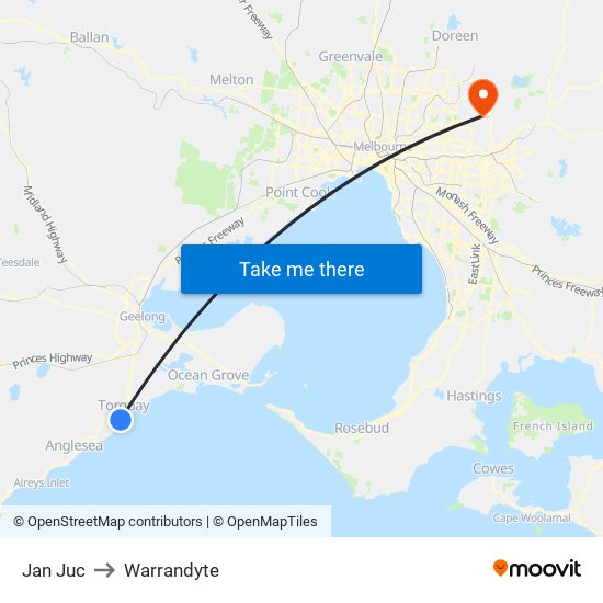 Jan Juc to Warrandyte map