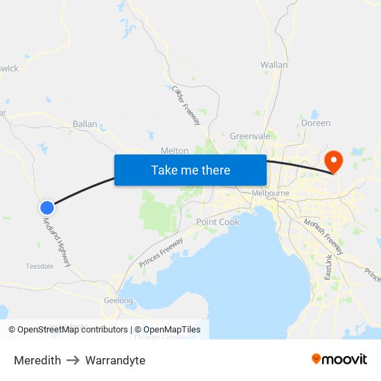 Meredith to Warrandyte map