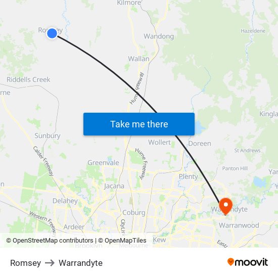 Romsey to Warrandyte map