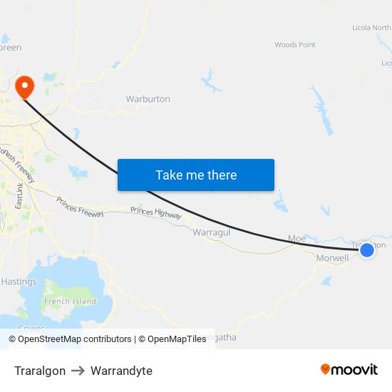 Traralgon to Warrandyte map