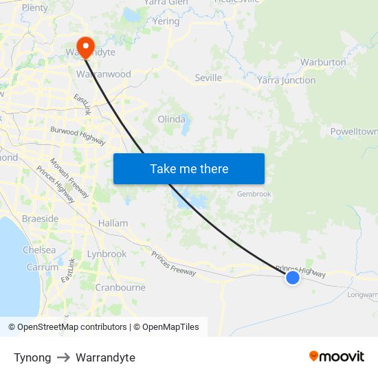 Tynong to Warrandyte map