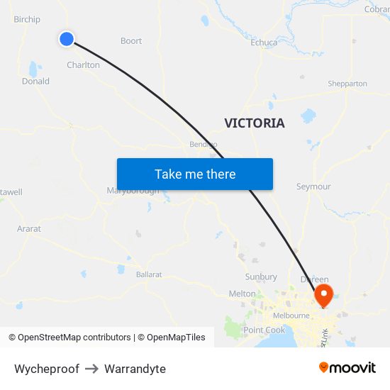 Wycheproof to Warrandyte map