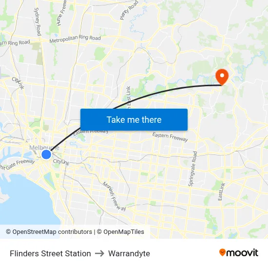 Flinders Street Station to Warrandyte map