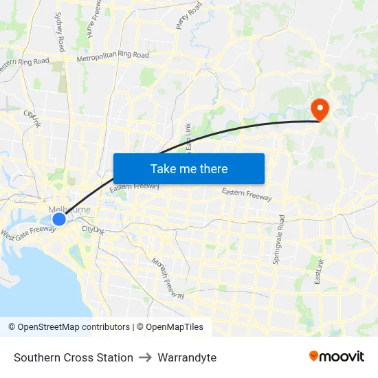 Southern Cross Station to Warrandyte map