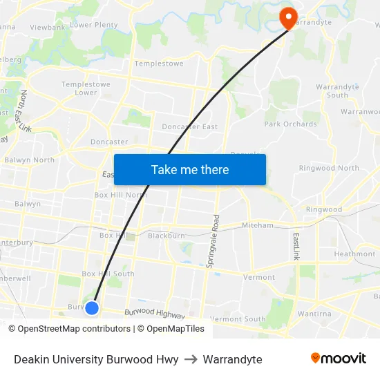 Deakin University Burwood Hwy to Warrandyte map