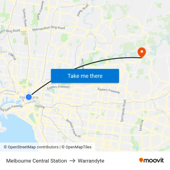 Melbourne Central Station to Warrandyte map