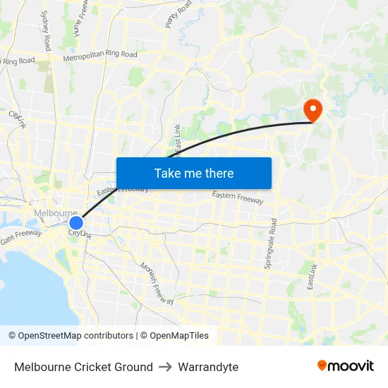 Melbourne Cricket Ground to Warrandyte map