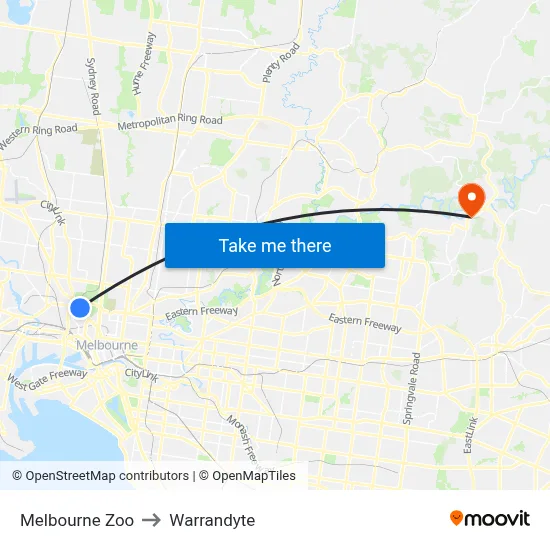 Melbourne Zoo to Warrandyte map