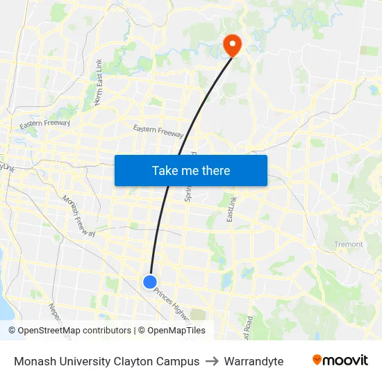 Monash University Clayton Campus to Warrandyte map