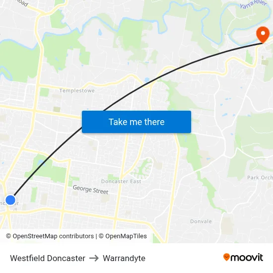 Westfield Doncaster to Warrandyte map