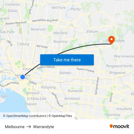 Melbourne to Warrandyte map