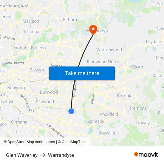 Glen Waverley to Warrandyte map