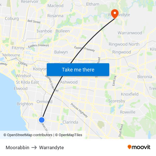 Moorabbin to Warrandyte map