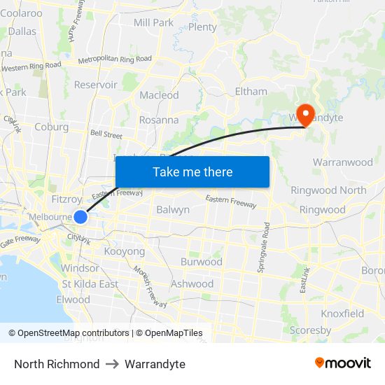 North Richmond to Warrandyte map