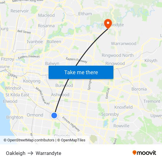 Oakleigh to Warrandyte map